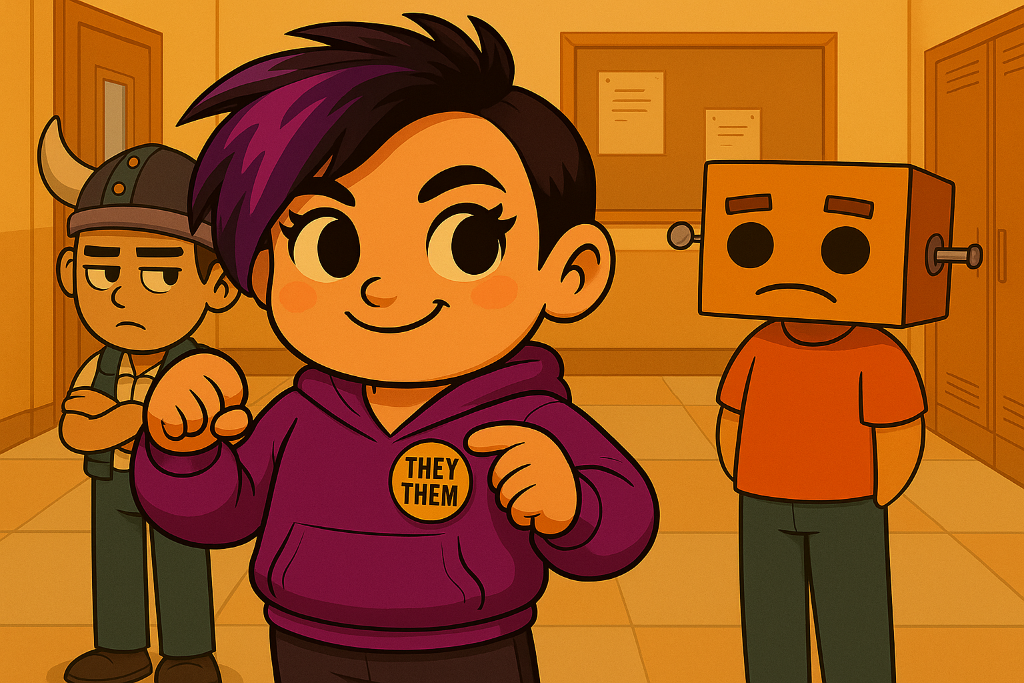 Scene from inside the book showing the protagonist in a school hallway