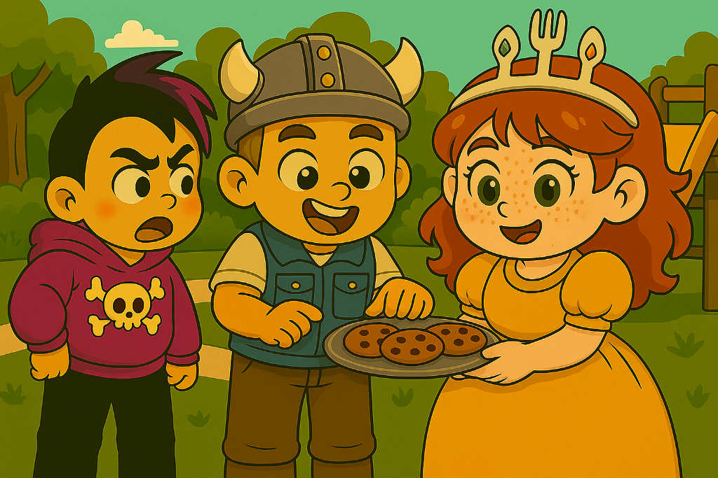 Scene from inside the book featuring the princess sharing cookies with friends
