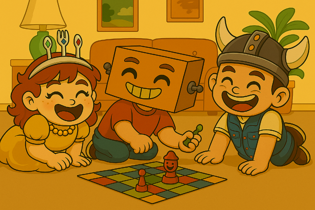 Scene from inside the book with the princess playing a game with friends